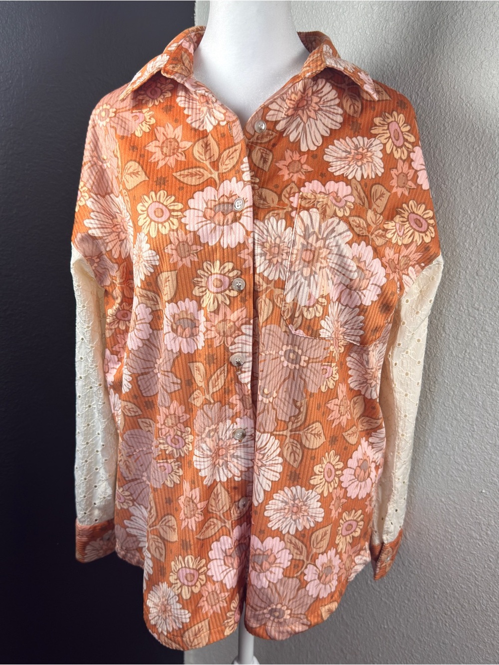 Women's Orange Floral Button-Down Shirt with Cream Eyelet Sleeves